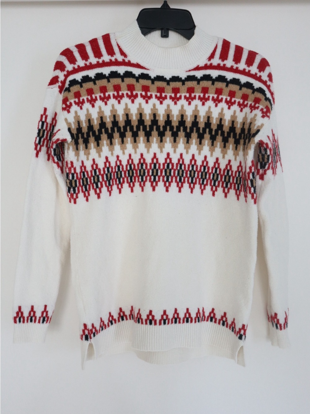 LOFT White Fair Isle Crew Sweater with Red, Black & Tan Pattern